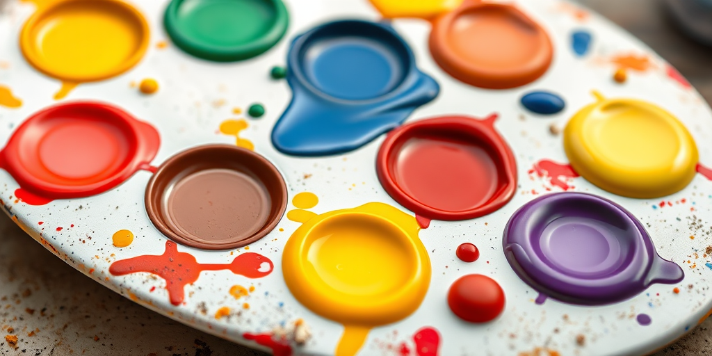 Create a high-resolution illustration of a painter's palette with vibrant paint blobs in various colors, using a DSLR camera with a 50mm lens, f/2.8 aperture, natural lighting, and a slight angle view for depth.
