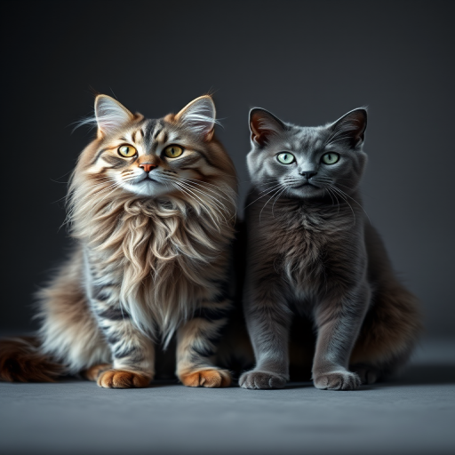 Regenerate a high-quality image of a Maine Coon and a Russian Blue cat sitting side by side in soft lighting, shot with a DSLR camera at f/2.8 aperture, ISO 100, 50mm lens, and a shallow depth of field, using a studio backdrop for a dramatic effect.