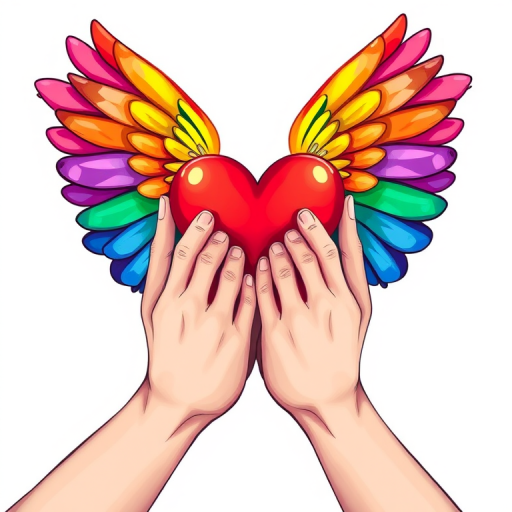 Create a vibrant illustration of two hands holding a heart, adorned with rainbow wings, captured in high resolution with a 50mm lens, f/2.8 aperture, ISO 100, shot from a straight-on view, using a digital camera for enhanced clarity and color saturation.