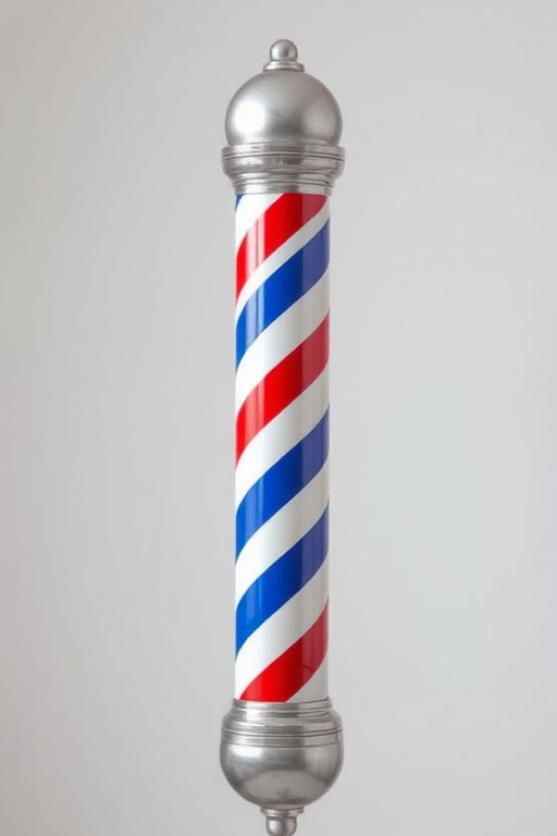Create a high-resolution image of a barber pole with red, white, and blue stripes, taken with a Canon EOS R5, 50mm lens, f/2.8 aperture, ISO 100, in a clean studio setting with soft lighting and a focus on vibrant colors.