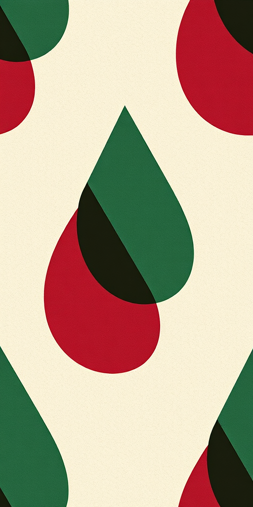 Generate a seamless pattern of abstract teardrop shapes in varying shades of green and dark red on a textured background, captured with a Canon EOS R5, 50mm lens, f/2.8 aperture, ISO 100, shot from an overhead view to enhance depth and detail.