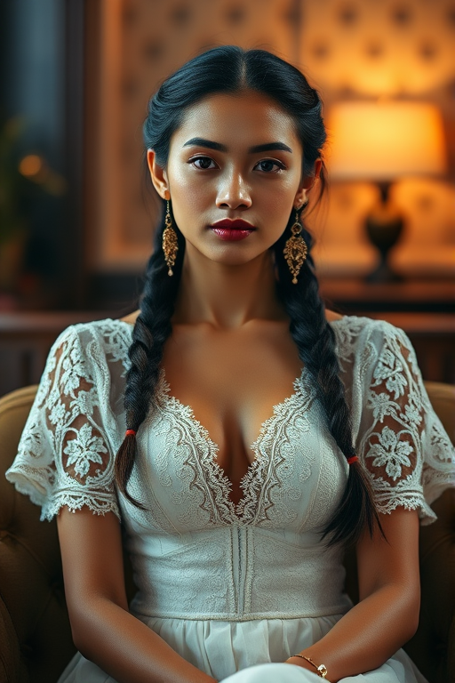 Create a portrait of a refined and elegant Cambodian woman seated in a sophisticated setting. She has long, wavy hair styled in two thick braids that are pulled over her shoulders. She wears a white, lace gown with intricate patterns, featuring a deep V-neckline and short sleeves. The dress exudes a vintage charm with its delicate lacework. She is adorned with ornate, dangling earrings that add a touch of glamour to her appearance. The background is softly lit, with warm, ambient lighting that creates a cozy and inviting atmosphere. Her expression is poised and serene, capturing a sense of grace and elegance.