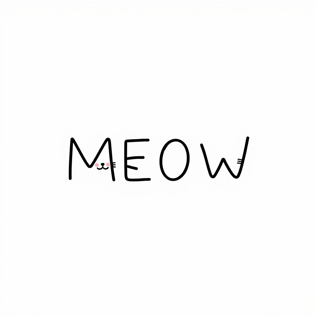 Create an image with a minimalist and cute design featuring the word "MEOW." Use simple black lines on a white background. The letter "M" should resemble a cat's face with ears and whiskers, and the letter "W" should also resemble an upside-down cat face. Add small blush marks on the cheeks of the cat faces for a charming touch.
