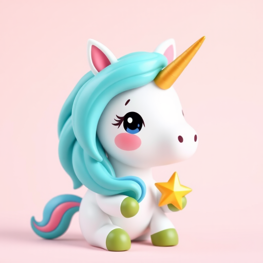 Create a high-resolution image of a cute cartoon unicorn with a turquoise mane and a golden horn, holding a star, soft pastel background, shot with a Canon EOS R5, 50mm lens, f/1.8 aperture, ISO 100, natural light, studio-style setup, vibrant colors and sharp details.