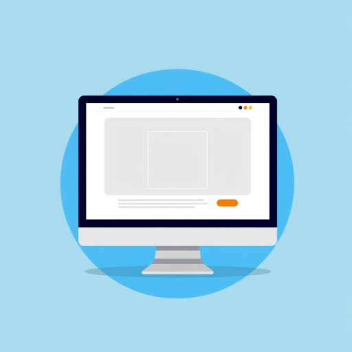 Create a high-resolution illustration of a computer monitor displaying a minimalist website layout with a central image placeholder and orange buttons on a bright blue circular background, using a 50mm lens, f/8 aperture, ISO 100, and a shallow depth of field, in digital art style.
