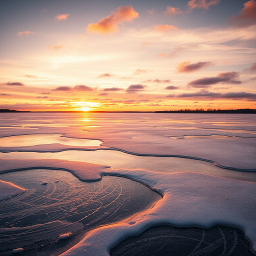Sunset over a frozen lake with reflective ripples, soft clouds in the sky, warm colors of orange and gold, shot with a Canon EOS 5D Mark IV with a 50mm lens at f/4, ISO 100, shutter speed 1/200 sec, landscape orientation, high dynamic range for enhanced details.