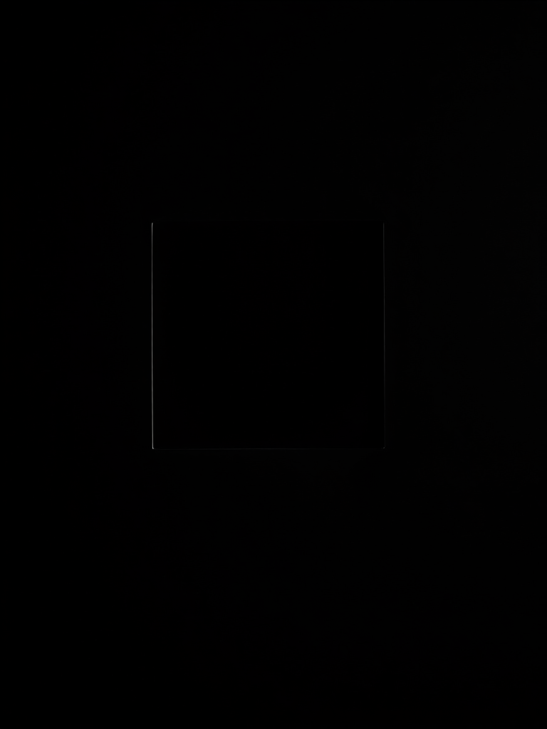 Generate a high-contrast minimalist black and white image featuring a central white shape on a black background with a Canon EOS R camera, 50mm lens, aperture f/1.8, ISO 100, shutter speed 1/200s, shot in portrait mode and soft natural lighting.