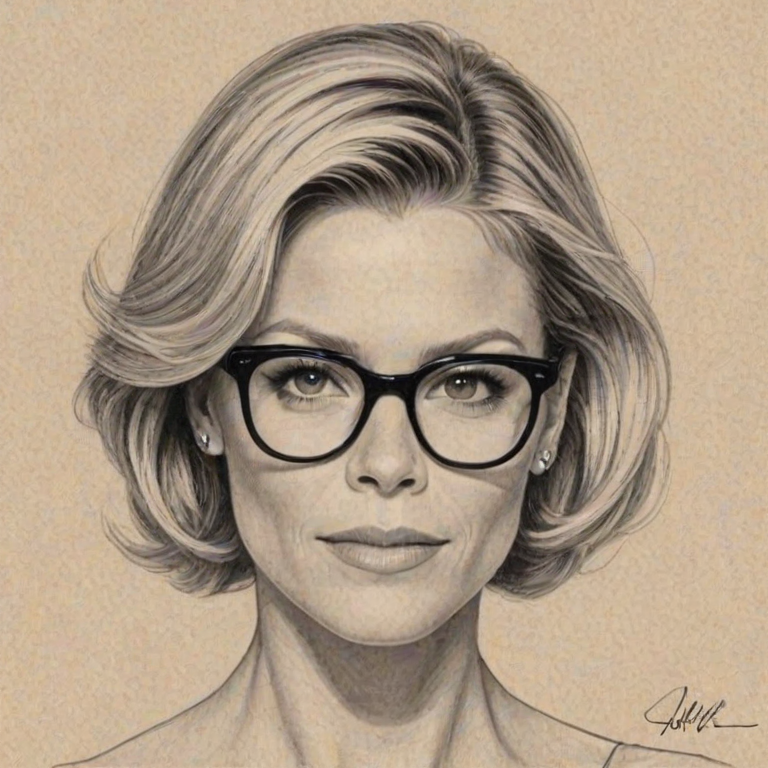 Fetching Julie Bowen, pencil sketch, portrait of Alluring woman 1947s in glasses, hair style beatnik, outline, clear lines, fine lines, 8k