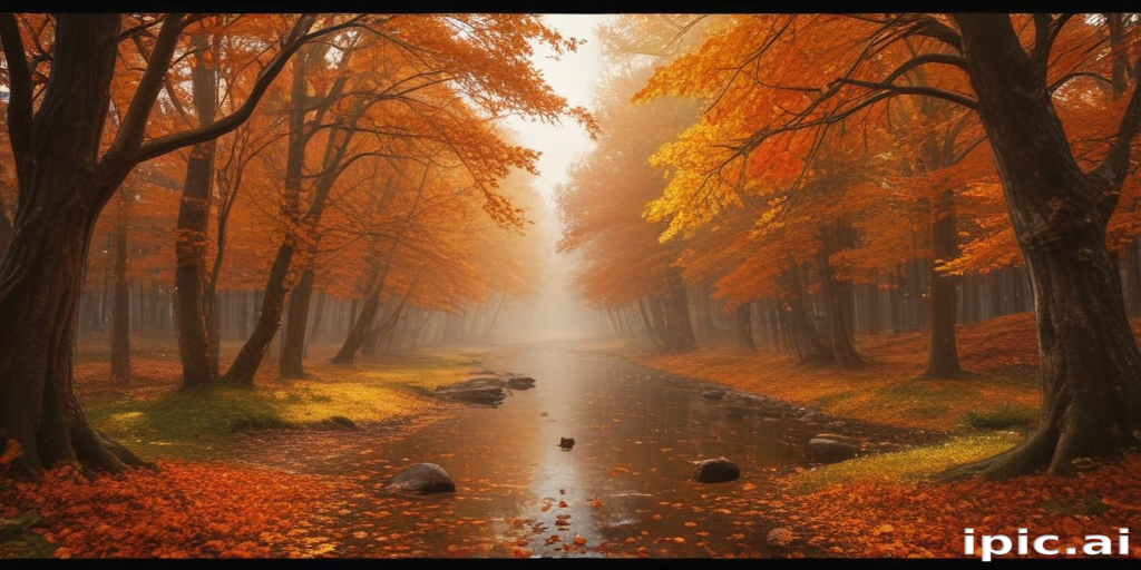 Serene Autumn Landscape with Vibrant Orange Leaves and Tranquil Stream