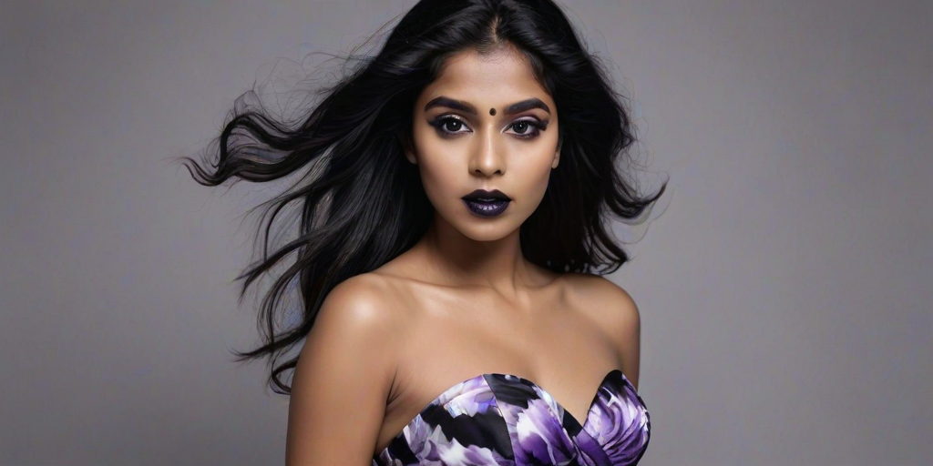 Photographic image of a beautiful young Sri Lankan woman, black eyes, lips with black lipstick, long hair fluttering in the wind and wearing a silk strapless dress with a soft purple and orange print. monochrome image with only color highlights in the iris of the eyes, lipstick and dress. Gray background.