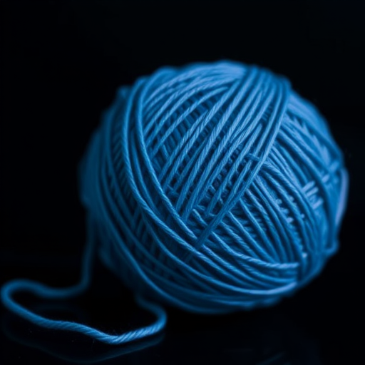 Capture a high-resolution image of a blue yarn ball with intricate line details using a DSLR camera, 50mm lens, f/2.8 aperture, ISO 100, natural light, and a shallow depth of field to emphasize texture against a black background.