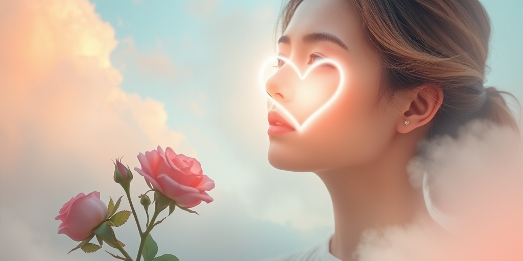 Create a serene depiction of a gentle woman with a heart glowing in light, surrounded by soft clouds and roses, using a Canon EOS R5 with a 50mm lens, f/1.8 aperture, ISO 100, and soft lighting to achieve a dreamy effect.