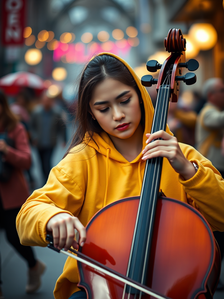 Capture a young woman in a yellow hoodie playing a cello in a bustling outdoor setting, shot with a Canon EOS R5, 85mm lens, f/1.8 aperture, ISO 100, at a shallow depth of field for a blurred background effect.