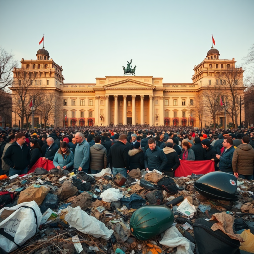 Image of a large crowd in front of a prominent building, littered with trash in the foreground, shot with a DSLR camera at 50mm, aperture f/8, ISO 100, early morning light, wide-angle view, enhanced detail.
