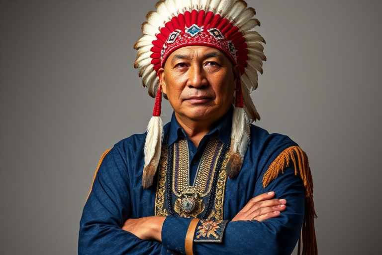 Create a dignified portrait of a Native American man dressed in traditional attire. He wears a beautifully crafted headdress adorned with white feathers and red beads, along with a beaded headband featuring intricate patterns. His clothing includes a deep blue, patterned shirt and a traditional chest piece with detailed beadwork. His arms are crossed, displaying leather armbands decorated with feathers. The background is simple and neutral, emphasizing his proud and stoic expression. The overall image captures the rich cultural heritage and strength of his persona.