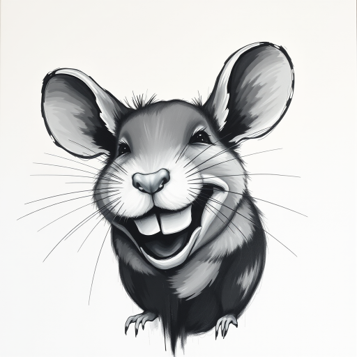 Abstract black and white acrylic portrait of an over exaggerated laughing (mouse). Minimalism style. White background.