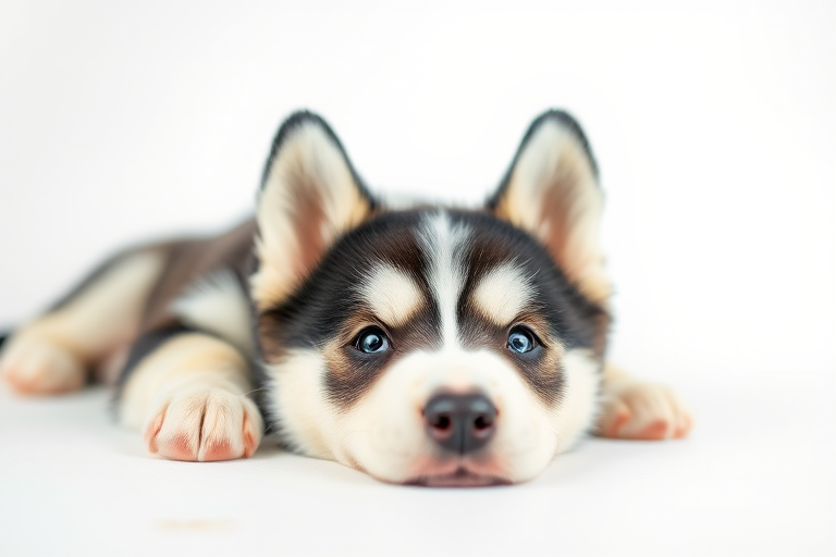 Siberian Husky puppy lying on a white background, soft natural lighting, shallow depth of field, 50mm lens, f/2.8, ISO 100, shot from a low angle at eye level.