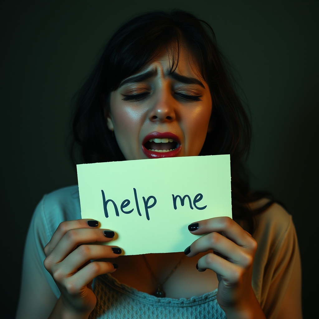 crying woman holding a note which says "help me"