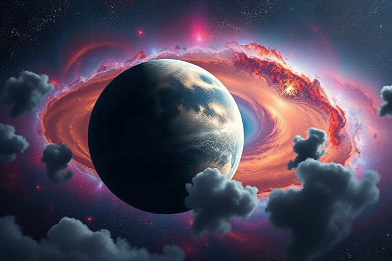 Generate a high-resolution image of a vibrant galaxy scene featuring a detailed planet with swirling clouds and colorful nebulae in the background, using a DSLR camera with a 24mm lens at f/8, ISO 100, and a 1/200 second shutter speed, captured in a wide-angle view to enhance depth and spatial detail.