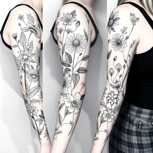 Botanical blackwork tattoo sleeve, showcasing intricate floral and plant designs with varying line weights and negative space to create depth and visual interest