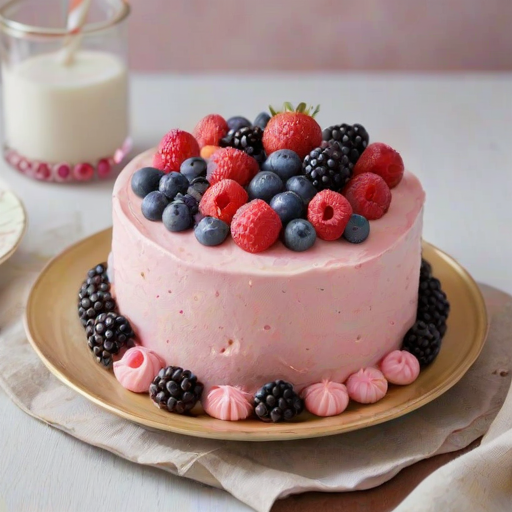 Generate an image of a round cake with a smooth pink frosting. The top is adorned with an assortment of fresh berries, including raspberries, blackberries, and blueberries, along with decorative edible flowers and small candy pearls. The cake is placed on a white plate, with a vintage background that includes old papers or fabric.