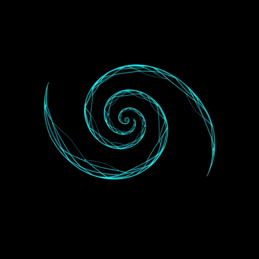 Generate a high-resolution image of a 3D spiral wireframe design with glowing aqua lines on a black background, using a digital camera with a 50mm lens at f/1.8, ISO 100, and a 1/60s shutter speed for increased detail and clarity.
