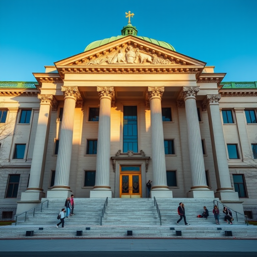Generate a high-resolution image of a neoclassical building with a grand facade featuring prominent columns, a triangular pediment with elaborate reliefs, a green copper roof, and steps leading to the entrance, captured with a Canon EOS R5, 24mm lens, f/8 aperture, ISO 100, in bright daylight from a frontal view to enhance details and texture.