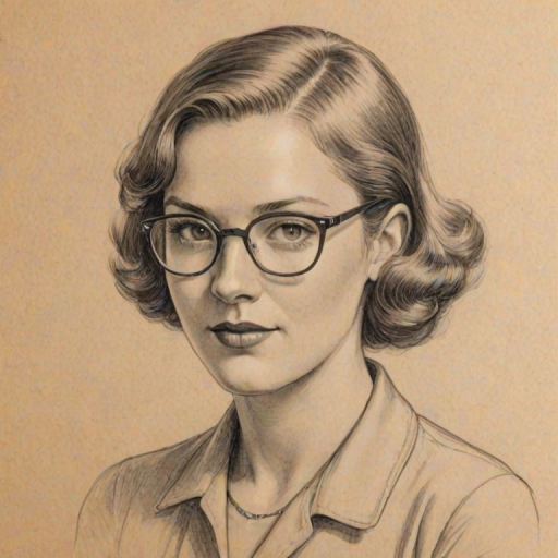 Comely Jessica Hynes, pencil sketch, portrait of Pleasing woman 1930s in glasses, hair style beatnik, outline, clear lines, fine lines, 8k