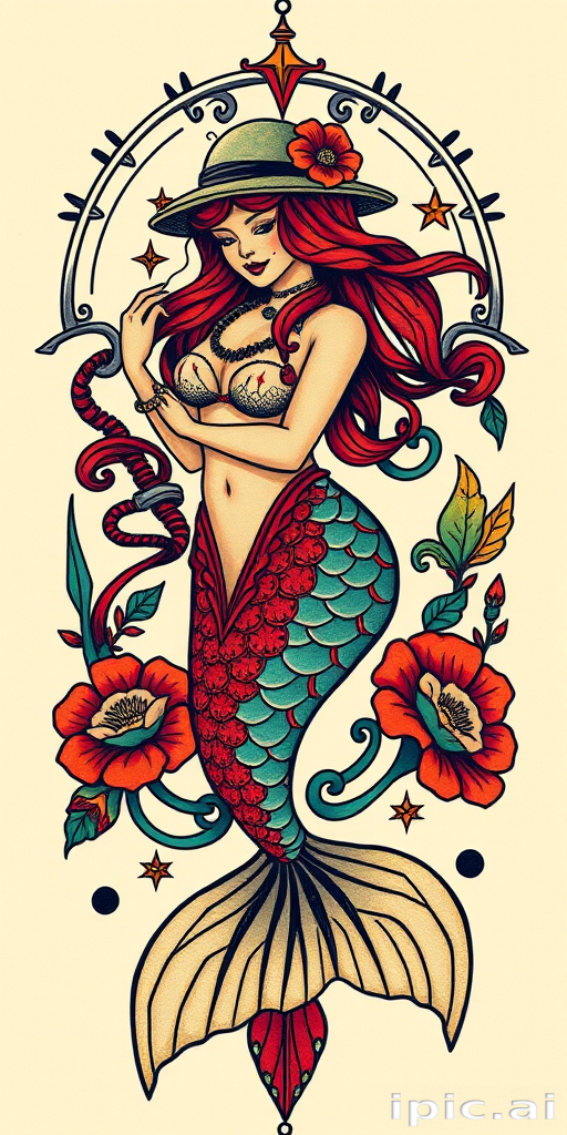Neo-traditional mermaid tattoo with vivid colors and bold outlines, adorned with nautical elements and art deco-inspired ornamental details for a stunning vintage-inspired design