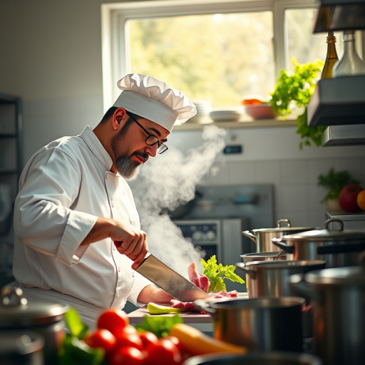 A chef in a sunny kitchen, chopping meat with steam rising around, vibrant vegetables and pots in view, shot with a 50mm lens, f/1.8 aperture, ISO 200, natural light, DSLR camera, vibrant colors, high detail.