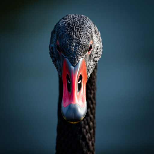 capture a close-up of a black swan against a dark background with a shallow depth of field, using a DSLR camera at f/2.8, ISO 200, 1/100s, in natural light for enhanced texture and detail