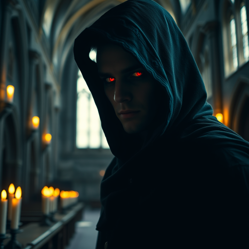 Create an image of a mysterious character wearing a dark hooded cloak, with glowing red eyes, set in a gothic cathedral with candlelight illuminating the scene, using a 50mm lens, f/1.8 aperture, ISO 200, natural light with dramatic shadows, shot in portrait orientation with a high dynamic range.