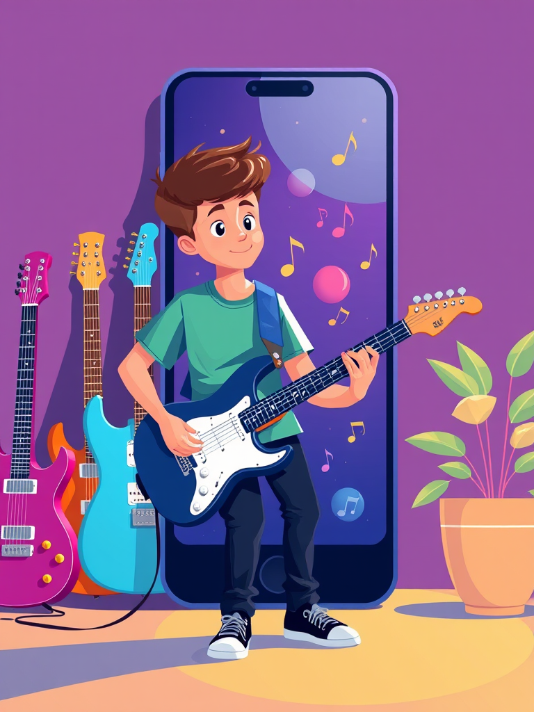 create an illustration of a young boy playing an electric guitar in front of a large smartphone with music notes and icons, include three colorful electric guitars on the left and a potted plant on the right, use a bright color palette, style it in a flat design, camera settings: f/8, ISO 100, 1/60s, camera view: eye-level, camera style: digital illustration, camera type: vector art