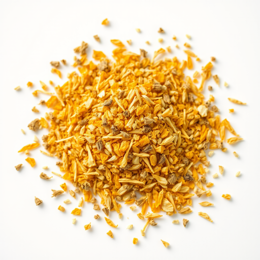 Capture a beautifully arranged pile of dried yellow herbs on a clean white background, using a DSLR camera with a 50mm lens, aperture set to f/2.8 for shallow depth of field, ISO 100 for optimal clarity, and a soft diffused lighting setup to enhance colors and details.