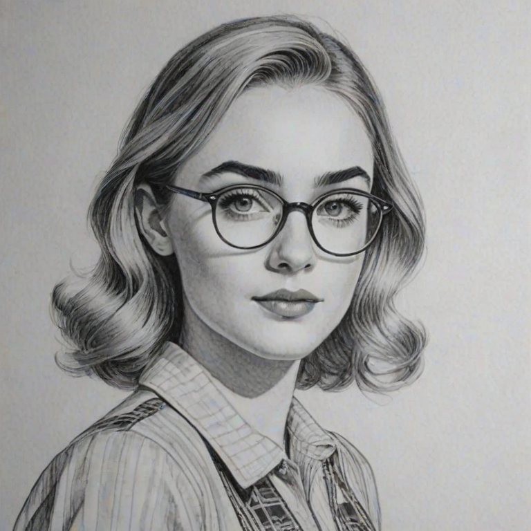 Gorgeous Meg Donnelly, pencil sketch, portrait of Pleasing woman 1938s in glasses, hair style beatnik, outline, clear lines, fine lines, 8k