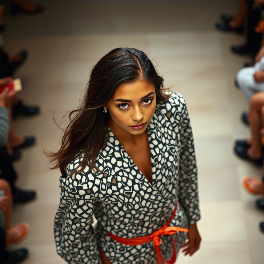 Capture the model from a high angle, emphasizing the outfit’s pattern and silhouette. Use a 35mm prime lens to maintain sharpness and minimize distortion
