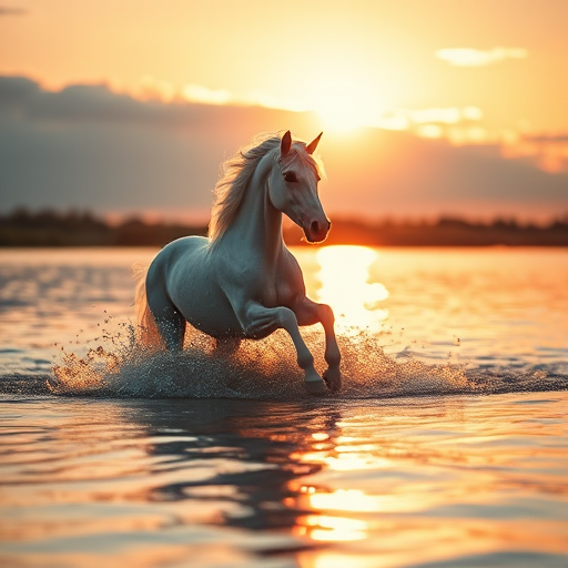 Unicorn galloping through shimmering water at sunset, capturing ethereal light reflections, with a Canon EOS R5, 24mm lens, f/2.8, ISO 100, 1/250 sec, soft focus style, golden hour glow for vibrant colors.