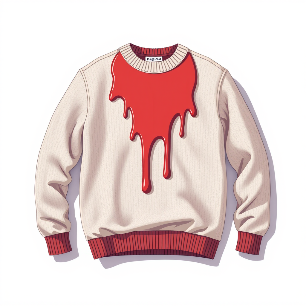 A detailed illustration of a sweater with a unique melting design, flat lay perspective, high-resolution vector style, soft natural lighting, DSLR camera settings at f/2.8, ISO 100, 50mm lens.