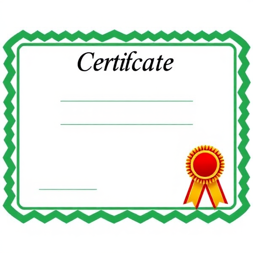 Create a certificate design with a green zigzag border, a blank central area for text, and a red and yellow ribbon seal on the lower right corner, taken with a DSLR camera, aperture f/4, shutter speed 1/60s, ISO 200, in a well-lit studio setting to enhance image clarity and colors.