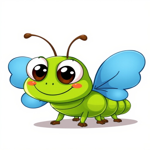 Create a cartoon-style illustration of a friendly green caterpillar with large round eyes and blue wings, smiling and looking cheerful.