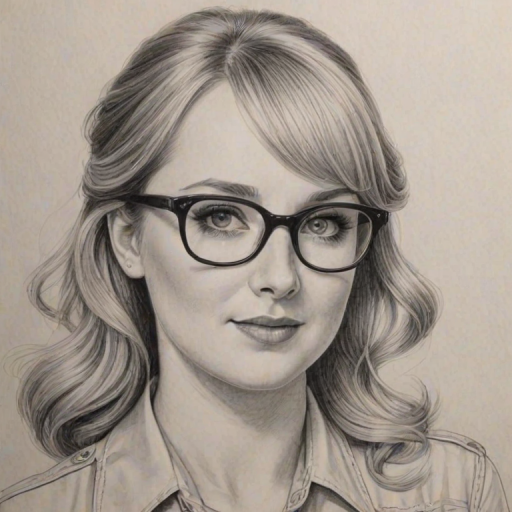 Superb Melissa Rauch, pencil sketch, portrait of Splendid woman 1947s in glasses, hair style beatnik, outline, clear lines, fine lines, 8k