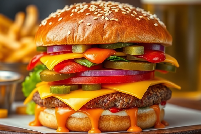 High-resolution, close-up image of a gourmet double cheeseburger. The burger features a glossy, sesame-seed-topped brioche bun. Inside, there are two thick, juicy beef patties, each topped with melted cheddar cheese. The burger is garnished with fresh lettuce, tomato slices, diced onions, and pickles. A generous amount of ketchup and a creamy, orange-colored sauce is dripping down the sides, adding to the mouth-watering appeal. In the background, there are blurred elements including a side of golden French fries and a hint of a beverage, enhancing the overall presentation of a delicious meal.