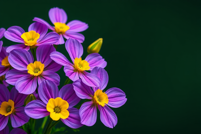 Create a vibrant illustration of a bouquet of flowers featuring purple and yellow blooms against a dark green background, using a macro lens with f/2.8 aperture, ISO 100, 50mm focal length, captured in natural light for enhanced details and colors.