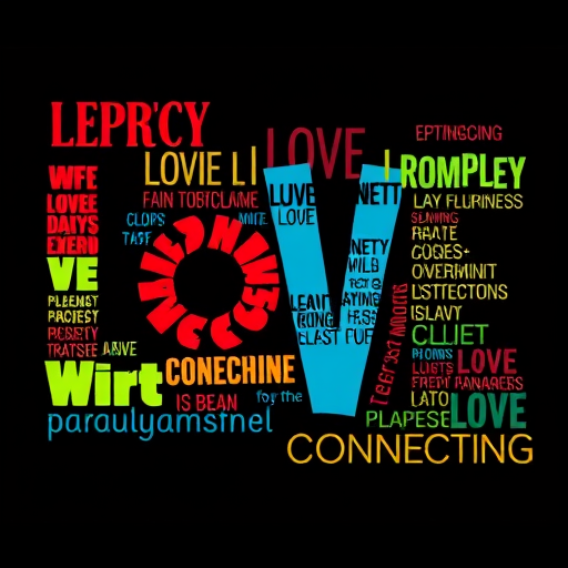 Create a vibrant typographic illustration of the word LOVE using various expressive words related to love and connection, taken with a Canon EOS R5, 50mm lens, f/1.8 aperture, ISO 100, in natural light to enhance color and detail.