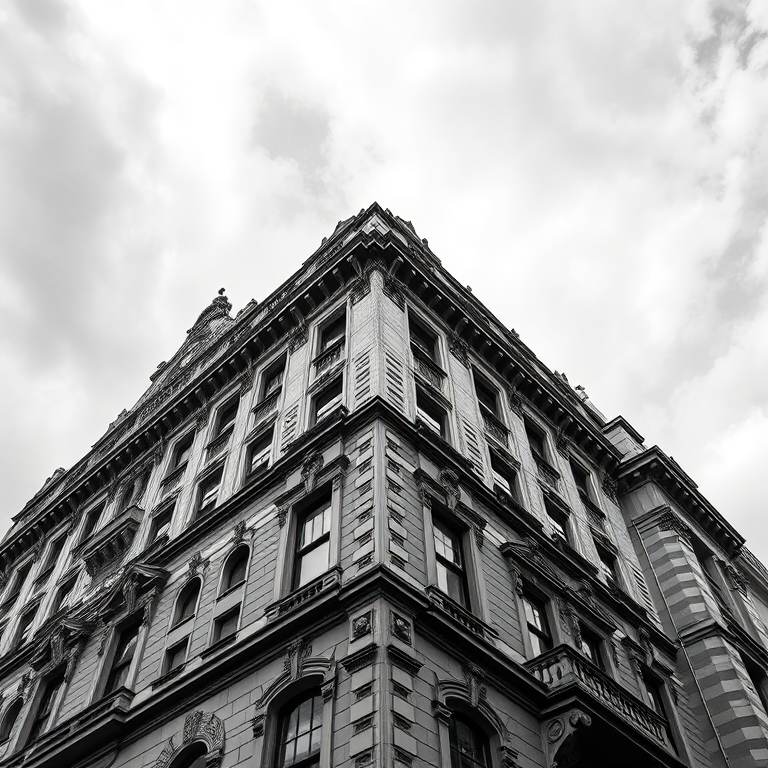 high-angle shot of a historic building with intricate architectural details under a cloudy sky, taken with a Canon EOS R5, 24mm lens, aperture f/8, ISO 200, shutter speed 1/250s, in black and white for dramatic effect