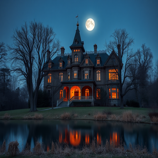 A spooky, illuminated Victorian mansion under a full moon, surrounded by barren trees and a calm reflective pond in the foreground, taken with a DSLR camera, 24mm lens, f/5.6 aperture, ISO 100, long exposure at dusk for enhanced details and vibrant colors.