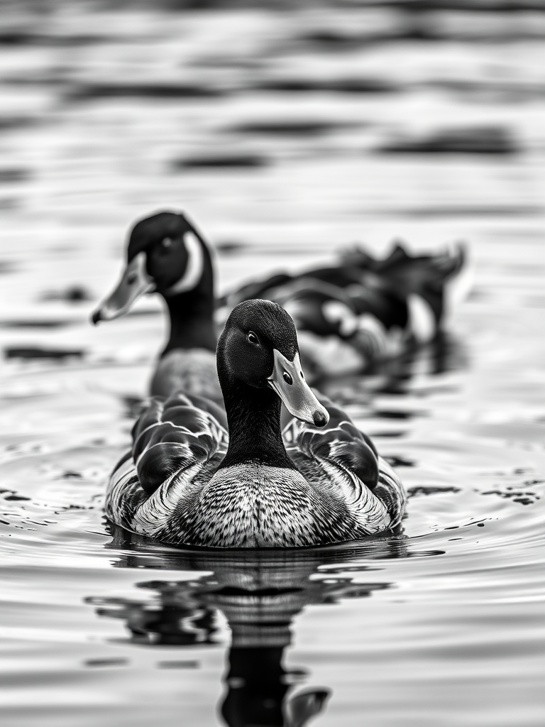Capture a high-contrast black and white image of two ducks swimming in calm water, using a Canon EOS R5 with an aperture of f/4, shutter speed of 1/500 sec, ISO 200, portrait view, and a shallow depth of field to emphasize the details of the ducks' feathers and expression.