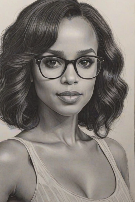 Exquisite Kerry Washington, pencil sketch, portrait of Appealing woman 1979s in glasses, hair style beatnik, outline, clear lines, fine lines, 8k