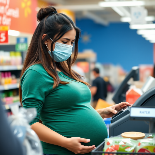 young pregnant woman as a walmart cashier ringing up someone's groceries she works there. shes wearing a surgical mask