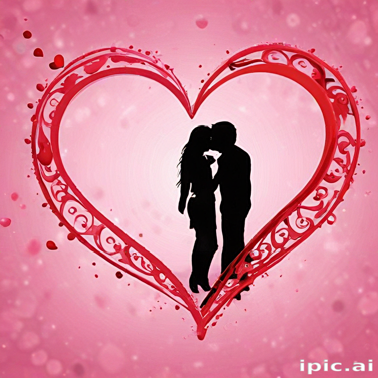 Romantic Silhouette of a Couple Embraced in a Heart-Shaped Frame